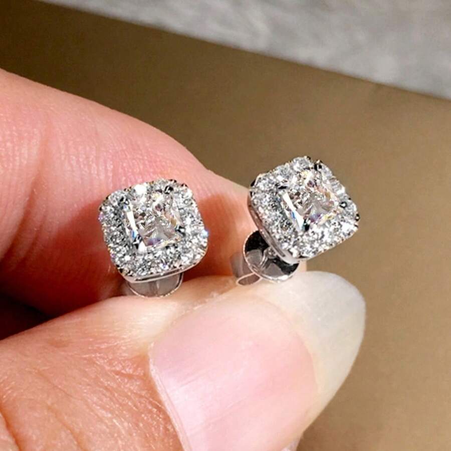 1Pair Vintage One-Size Green Square  Stud Earrings, Art Deco Inspired Emerald Color Earrings, Luxurious Geometric Jewelry, High-End Gift For Women - 銀+白石 - 查看 1