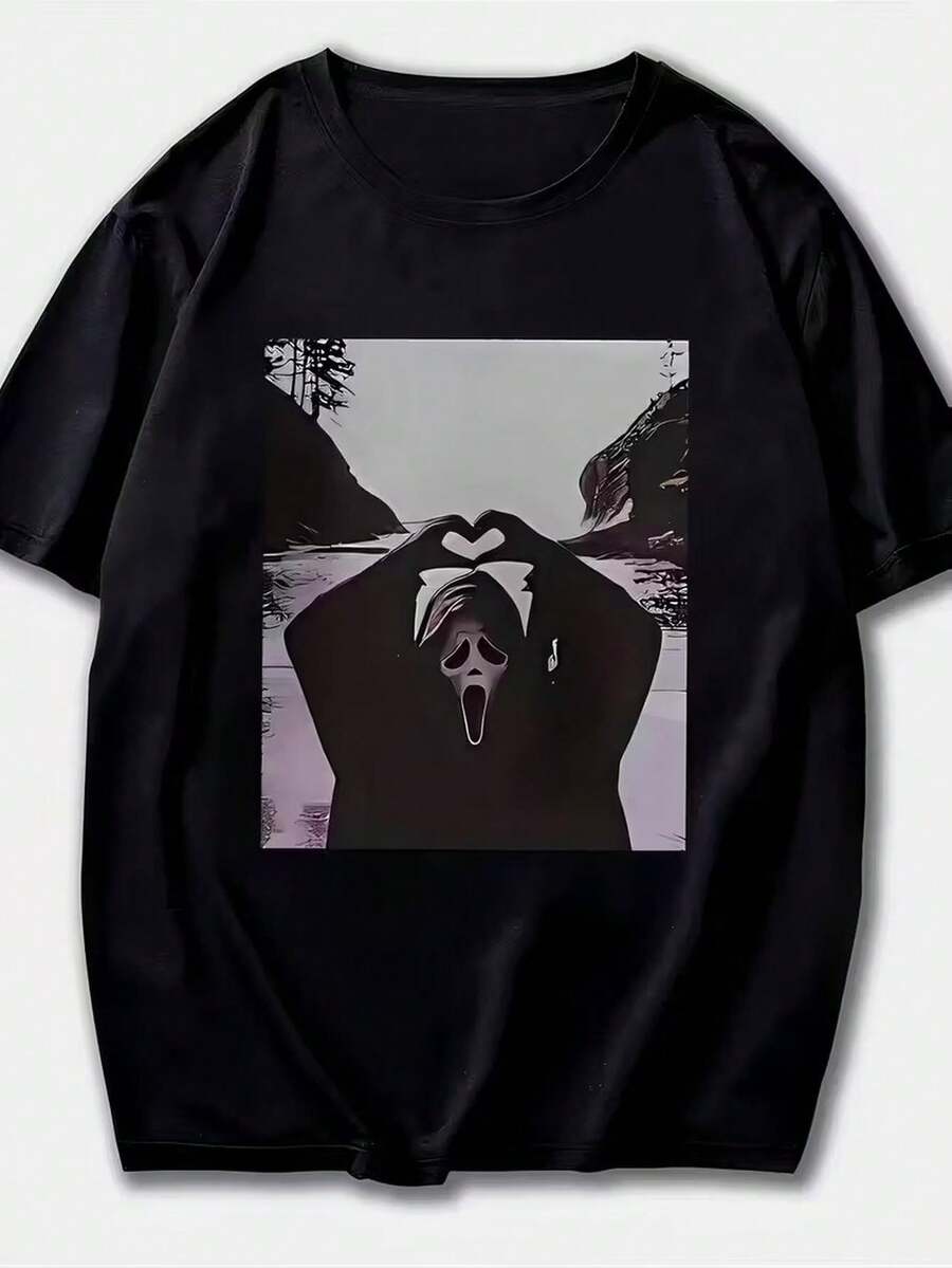 Nueva camiseta de cuello redondo para mujer, manga corta, holgada, casual y versátil con ‌estampado de calaveras a la moda‌ de Noche de Brujas, tejido suave y de buena caída