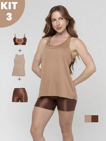 Kit 3 Peças Fitness Feminino - Short Canelado Trilobal + Top Canelado Trilobal  + Regata Dry