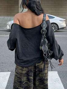 女士秋冬复古虎纹休闲Y2K辣妹简约宽松街头复古舒适露肩长袖卫衣 - 黑色 - 查看 2