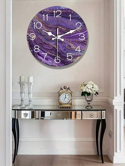 [Popular Choice] 1pc Abstract Violet Golden Texture Wand Clock, 12 Inch Wooden Round ative Timepiece Living Room, Bedroom, Office Battery Operated (AA Not Included), Easy To Read Moderne Home No Border view 2