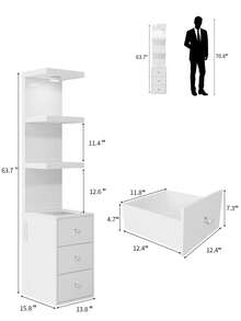 VOWNER 13.8" Narrow Dresser Sideboard With Power Outlet, Simple Display Cabinet With Glass Top, LED Light, 3 Drawers & Shelves, Tall Shelves Cabinet For Bedroom, Gifts For  Halloween Thanksgiving - White - View 6