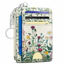 Wildflower Credit Card Holder Small Wallet Women, Flowers Slim RFID Blocking Wallet Woman Keychain With Zipper Coin Pocket, Front Pocket Thin Travel Card Case With ID Window For Ladies Gifts{"Color_name":"Wildflower"} - 多色22 - 查看 1