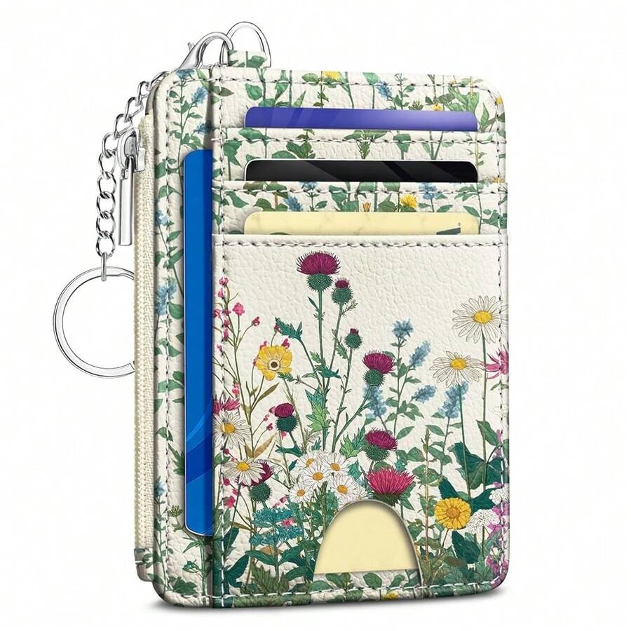 Wildflower Credit Card Holder Small Wallet Women, Flowers Slim RFID Blocking Wallet Woman Keychain With Zipper Coin Pocket, Front Pocket Thin Travel Card Case With ID Window For Ladies Gifts{"Color_name":"Wildflower"} - 多色22 - 查看 1