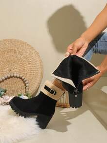 Chunky High-Heel Platform Round-Toe Suede-Like -On Short Boots With Metal Buckle And Back Zipper - Black - View 12