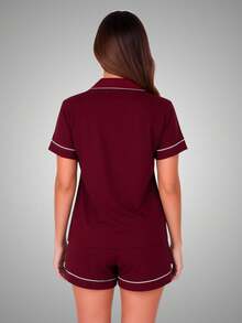 American Collar Pajamas And Shorts With Buttons That Open For Breastfeeding - 酒紅色 - 查看 2