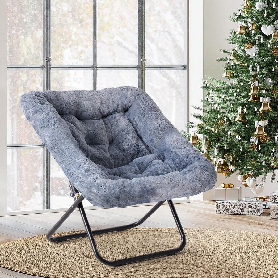 OLIXIS Saucer Chair For Adults, Teens, Faux Fur XL Circle Chair For Bedroom, Dorm & Gaming, Foldable Comfy Accent Seat For Small Spaces, Oversized Style Thick Padded Meatal Frame - 灰色 - 查看 1