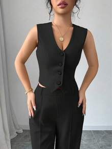 2pcs Women's Business Slim Fit Sleeveless Vest And Straight Leg Pants Set, Suitable For Daily Commute And Office Wear