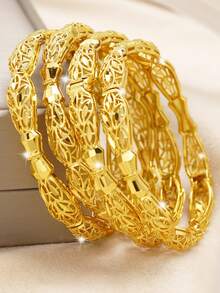 1pc Stacked 24K Gold Plated Heart & Four Leaf Clover Openable Bracelet, Popular Dubai & Europe Style, For Summer Wedding Season