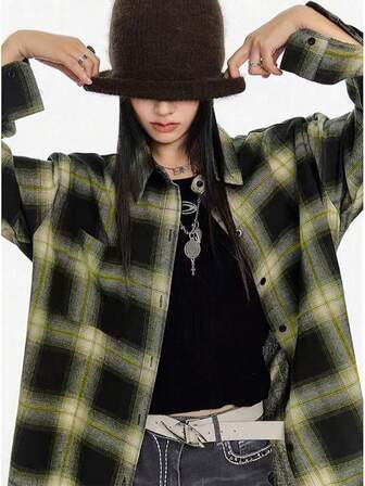 Women's Casual Retro Plaid Long Sleeve Shirt, Loose Fit Lapel Collar Blouse, Versatile For Commuting, Fashion Top With Pockets, Soft And Comfortable Fabric, Suitable For Spring/Summer/Autumn/Winter
