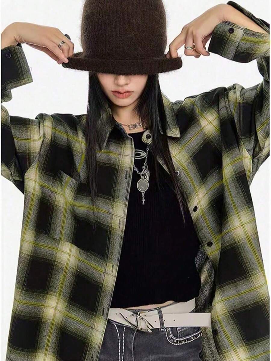 女士休闲复古格子长袖衬衫，宽松翻领衬衫，通勤百搭，时尚上衣带口袋，面料柔软舒适，适合春夏秋冬 - 綠色 - 查看 1