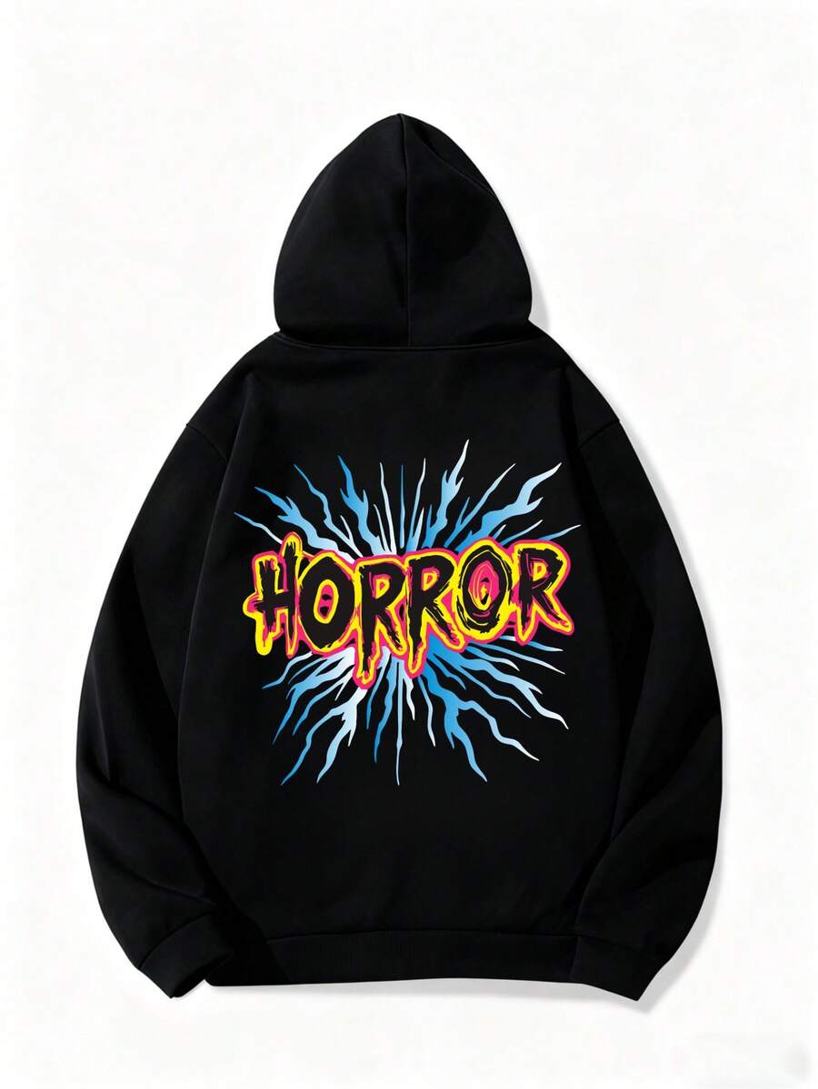 男士渐变闪电字母印花连帽衫，保暖内衬，套头设计，长袖，哥特风格，秋冬款 - 黑色 - 查看 1