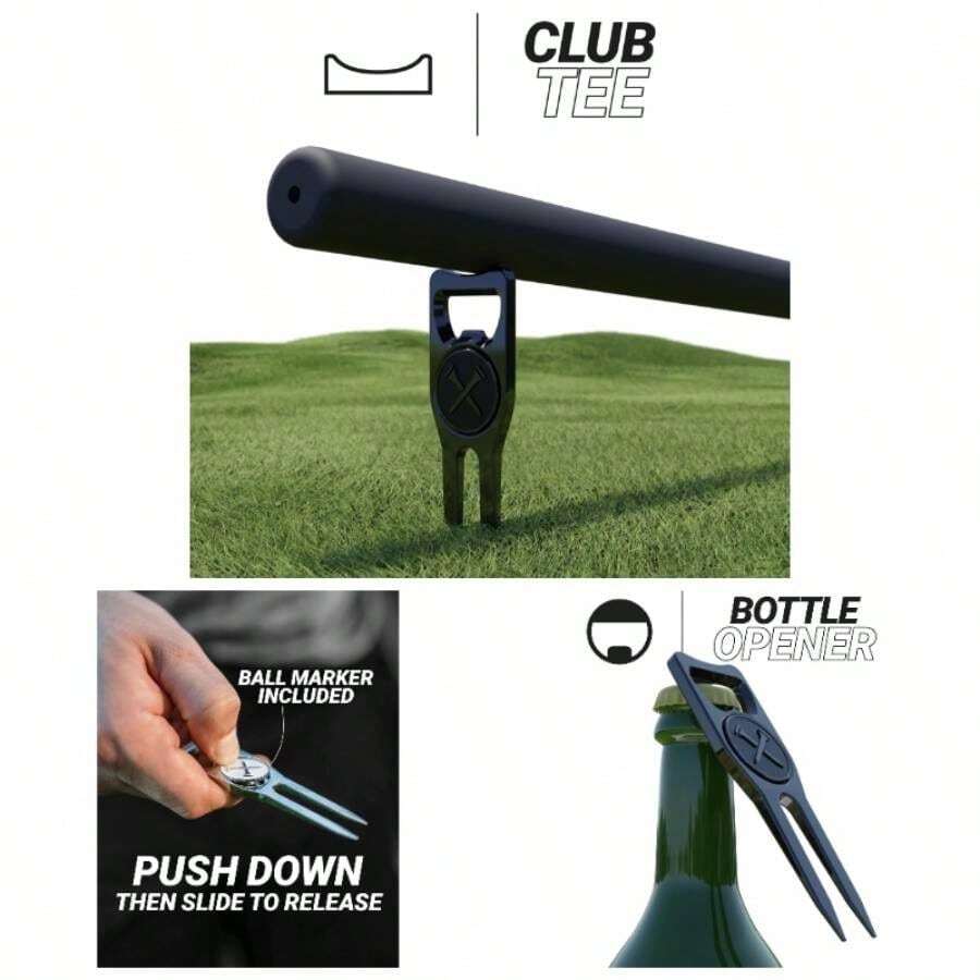 6 - In - 1 Premium Divot Ball Marker - Bottle Opener - Club Tee - Groove Cleaner - Putting Alignment - Designed To Be Ultimate Green - Black - Silver - View 1