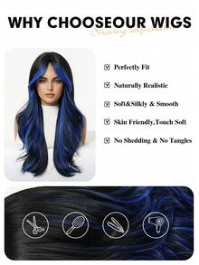 Multicolor Synthetic Wig With Bangs Black Mix Blue Long Natural Curly Wig For Women Daily Party Cosplay Christmas Wigs For Girls For Halloween And Christmas New Year Carnival Music Festival Cosplay ,Gifts For Girls,Summer Graduation Gifts,Ready-Made Gifts,Halloween Christmas Gifts - 挑染藍色 - 查看 7