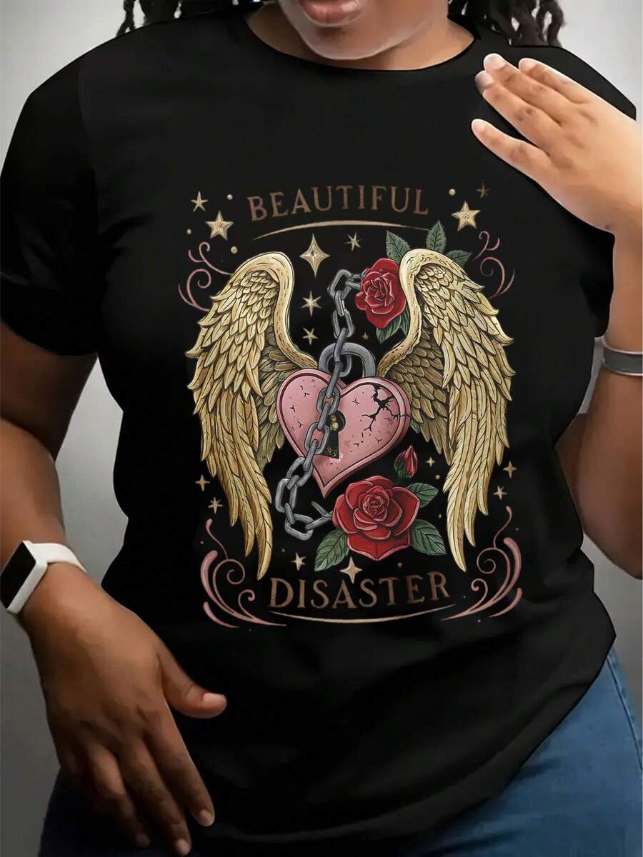 Beautiful Disaster T-Shirt With Angel Wings, Broken Heart, Roses And Chains - Gothic Romantic Design For Women, Perfect For Valentine's Day, Halloween, Or Everyday Wear - Black - View 1