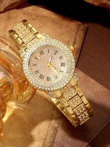 5 Stück elegantes Quarz-Uhren-Set für Frauen, Zifferblatt mit römischer Skala aus Legierung, mit Halsketten, Ringen, Ohrringen, Armbändern usw., Geschenk für Mütter, luxuriöser und bequemer Armband, klassisches rundes Zifferblatt, geeignet für Feste, Partys, Hochzeiten und den täglichen Gebrauch, ist das beste Geschenk für Frauen, ohne Verpackungsbox.