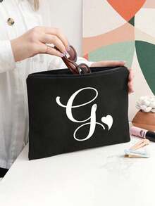 1pc Black Large-Capacity Cosmetic Bag, Printed With White Artistic Letters A-Z And A Heart Pattern,Hot-Selling Fashion Item Suitable For Travel, Toiletry, Multi-Functional Storage, Jewelry Storage, Coin Purse, Headphone Bag, Digital Storage Bag,Christmas Gifts,Pouch,Travel,Gifts For Women,Women's Necessaire,Travel Essential,Pouch,Clutch / Small Handbag,Necessaire,Makeup Organizer,Makeup Organize,Pouch,Brush Holder,Mini Pouch,Large Capacity Pouch