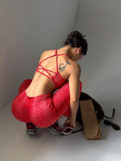 1 pieza Conjunto de mujer Slayoga sin costuras, sexy, con estampado de serpiente, espalda descubierta, alta elasticidad, para fitness, ejercicio, gimnasia, danza, running, yoga