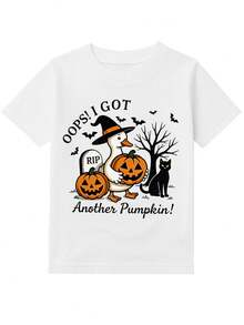 Camisetas Gráficas De Calabaza De Halloween Para Niñas Y Niños, 100 % Algodón, Ropa Para La Vuelta Al Cole, Camisetas Negras Con Cuello Redondo Y Estampado De Letras Con Sombrero De Bruja, Gato Negro Y Elementos De Jack-O'-Lantern, Lavables A Máquina, Aptas Para Deportes Al Aire Libre Y Camisetas De Verano, Regalos Para Fiestas De Halloween Y Truco O , Camiseta Infantil De Otoño De Corte Regular, Divertida Y Con Ambiente Espeluznante, Ropa Suave Y Transpirable Para Niñas Y Niños. - Blanco - Ver 3