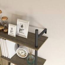Floating Shelves, 104CM Wall Mounted Ladder Shelf With 4 Hooks, Rustic Hanging Display Shelf Living Room, Entryway, Kitchen, Rustic Brown - Grey Wood Effect - View 9