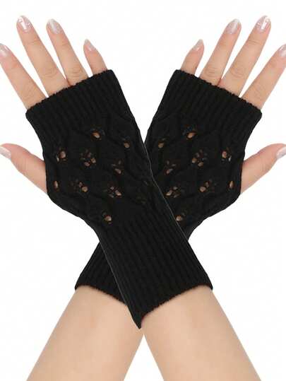 1 Pair Autumn/Winter Short Hollow Leaf Knitted Gloves, Half-Finger Warm Knitted Gloves