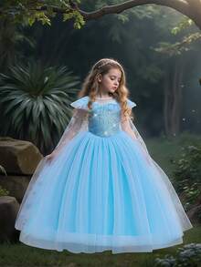 Girls Young Girl Solid Color Sequin Birthday/Wedding Party Princess Dress With Cloak, Does Not Include Hair Accessory