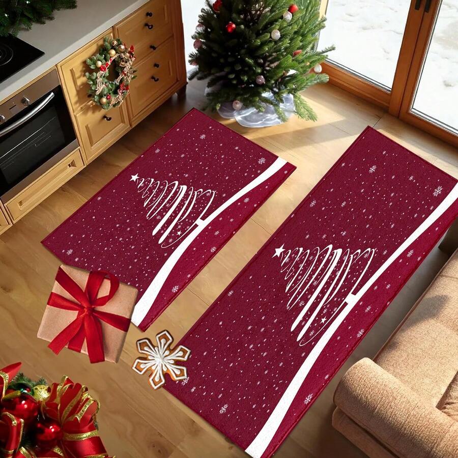 1 pieza Felpudo de goma con estampado de árbol de Navidad blanco y copos de nieve, para baño, cocina, lavandería, decoración navideña, decoración del hogar, decoración de fiestas, decoración de bodas, decoración de comedor - Multicolor - Ver 1
