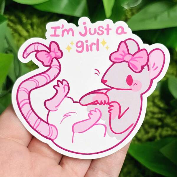 1PC 3-Inch "I'm Just A Girl" Funny Meme Sticker, Cute Pink Rat Decal, Waterproof PVC Vinyl For Laptop, Water Bottle, Cup, Phone Case, Journal, Aesthetic, Girly Humor Gift For Teen Girls, Back To School
