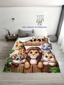 1 Peça Manta Flanelada Personalizável com Nome Hipoalergênica e Lavável em Máquina com Tema de Zoológico de Animais - Capa de Minky com Desenho de Elefante, Leão, Macaco e Girafa - Edredom Leve para Todas as Estações para Piquenique, Viagem e Soneca