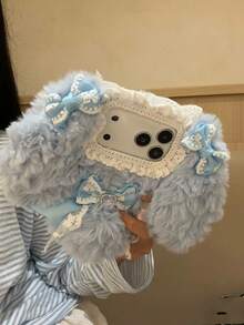 冬季可爱毛绒兔子拥抱设计 17 Pro/Max、16 Pro/Max 手机壳，双层，创意，有趣，防震保护套 - 粉色 - 查看 3