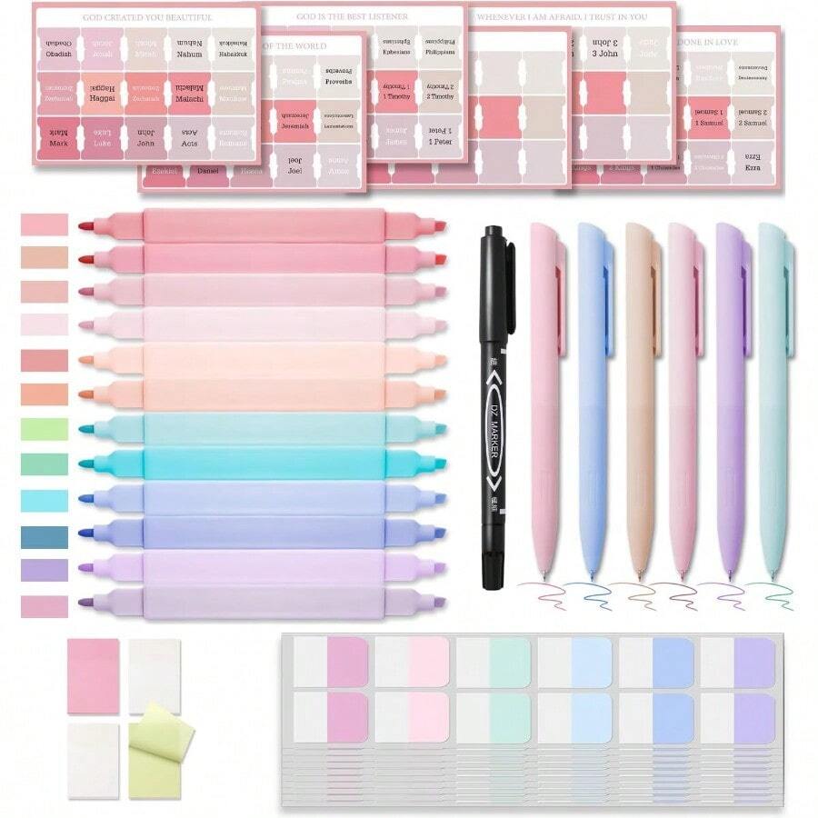 39 Pcs Bible Study Supplies Bible Journaling Kit For Women 12 Bible Highlighters DoubleHeaded And 6 Pens 90 Bible Tabs 4 Transparent Sticky Notes And Other Bible Study Tools - Pink - View 1