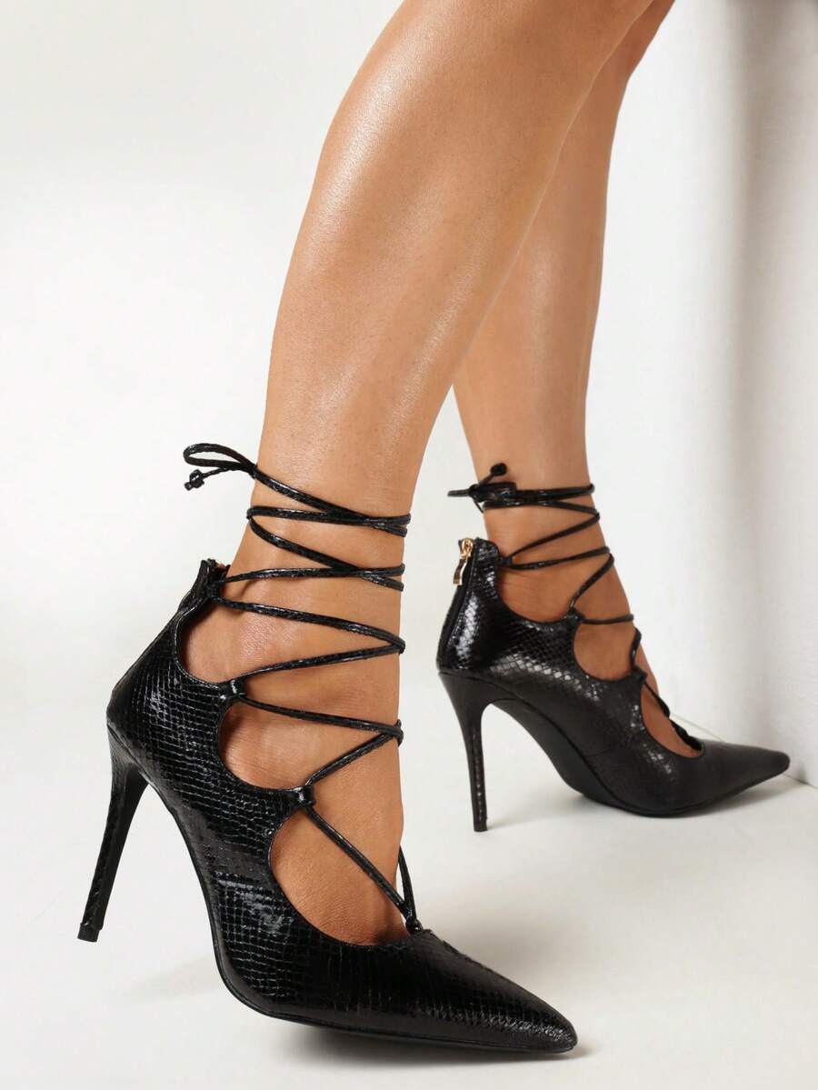 Elegante Schnürpumps mit spitzer Zehenkappe, Damen Abend-/Partyschuh für den Sommer - Schwarz - Übersicht 1