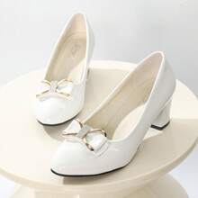 High-Gloss White Patent Leather Chunky Heels For Women, Versatile Pumps With Bowknot Rhinestones For Weddings, Perfect For Commuting And Dating, Comfortable, Soft-Soled, Spring Style - White - View 1