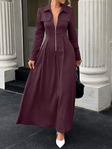 UrbanChic 腰线拉链超宽裙摆长裙，万圣节，秋季连衣裙，婚礼宾客礼服，老款风格 - 中紫紅色 - 查看 4