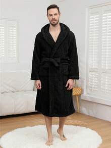 Men's Winter Long Sleeve Jacquard Robe, Thick Fleece Bathrobe, Soft Double Pocket Warm Long Sleeve Robe, Polyester Fabric, Retro Style, Suitable For Home Wear, Autumn/Winter - Multicolor - View 3
