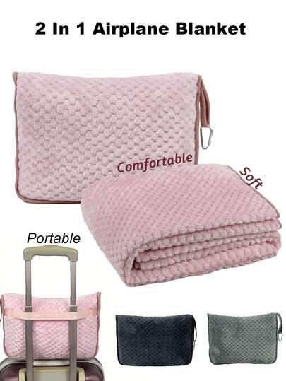 1件套旅行毯枕套装，优质柔软二合一飞机毯配柔软枕套，高品质纹理旅行颈枕，可收纳于随身行李或背包中，复活节礼物，旅行枕，旅行配件，适用于汽车、飞机、机场、露营等场合，旅行必备