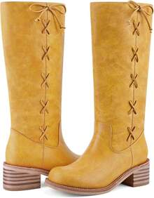 Women's Knee High Chunky Block Heel Square Toe Low Heel Boots, Style - Lace Yellow - View 3