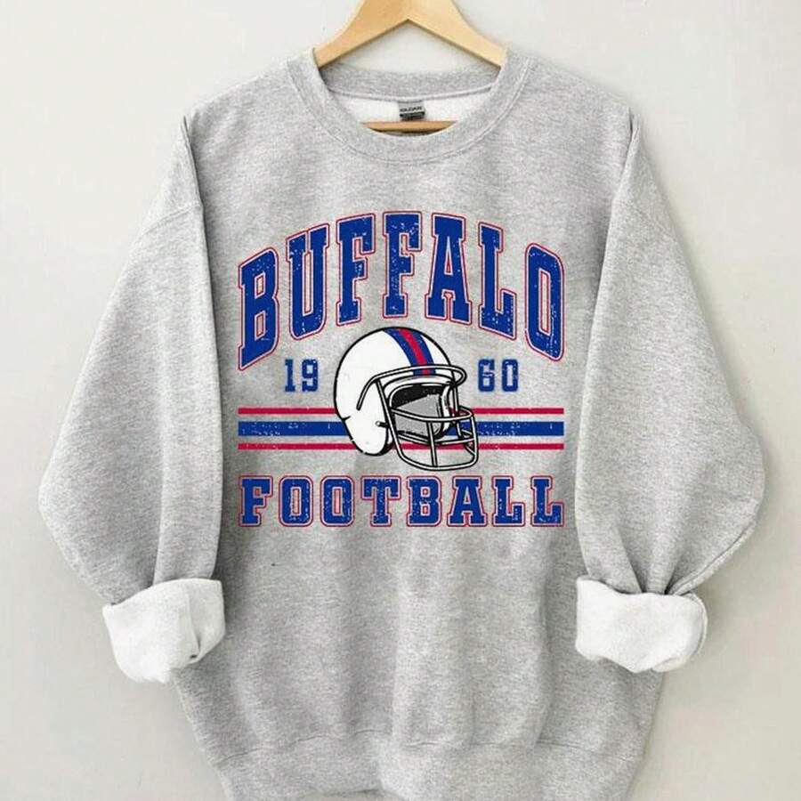 Vintage Buffalo Football Bills New York Sweatshirt - Simple Style Sweater Sportwear, Casual Cotton Blend Round Neck Long Sleeve Warm Pullover Tops For Spring / Fall / Winter, Buffalo Fan Gift KYB-Unisex Women & Men's Campus Daily Wear - Xám - Xem 1