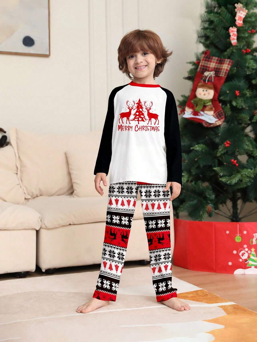 2pcs/Set Young Boys New Christmas Element Pajamas, Black & White Raglan Sleeve Reindeer & Christmas Tree Print Long Sleeve Top And Jacquard Long Pants, Round Neck Children Homewear Set