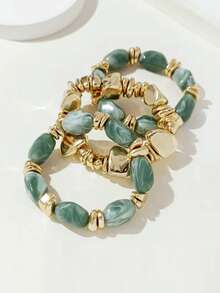 3 pièces Bracelet acrylique épais vintage multicouche et multicolore avec perles, bracelet transformable avec pépites dorées, pour femmes, couples, fêtes, port quotidien - Multicolore 17 - Voir 3