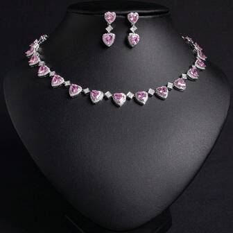 3pcs/Set Silver/Pink/Red Color Cubic Zirconia Inlaid Heart Shaped Earrings, Necklace, Jewelry Set, Suitable For Women's Holiday/Party/Banquet Wear, Women's Fashion Jewelry, Jewelry Set, Gift