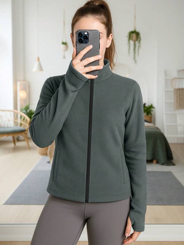 Jaqueta feminina de lã com zíper e aberturas para os polegares - Gola alta, ajuste fino, manga comprida, agasalho para corrida, deslocamento diário, esqui e treinamento ao ar livre em clima frio, inverno