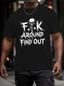 Men's "FK Around And Find Out" Graphic T-Shirt - 180g Heavyweight Cotton Casual Tee With Skull & Stars Print, Round Neck Short Sleeve For Summer, Sports, Travel & Casual Attire, Leisure Clothing |   Bold Print Top |   Durable Fabric Shirt,Summer Men Vacation Outfits,Camisetas Para Hombre,Father's Day,Graphic Tees,Graphic Tees,Funny T Shirts - màu đen - Xem 6
