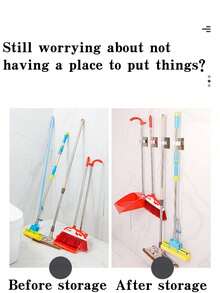 6/4/1pc Mop Holder Clips With Hooks, Multifunctional Mop And Broom Holder, Wall-Mounted Adhesive Broom Hanger, Removable Waterproof Non- Tool Storage Rack, Suitable For Home, Bathroom, Kitchen, Garden And Garage