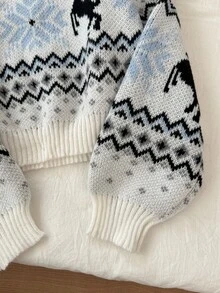 Christmas Snowflake & Reindeer Jacquard Knit Pullover Sweater, Casual Daily Wear, Autumn/Winter - White - View 6