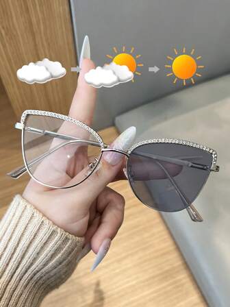 1 pieza Gafas de moda con montura de ojo de gato metálica y fotocromática, gafas versátiles para mujer, adecuadas para uso al aire libre, computadora y lentes recetados