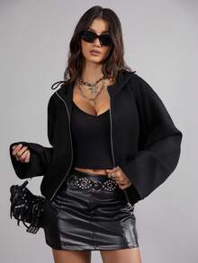 Chaqueta con cremallera de otoño para mujer Ela Vee, chaqueta con capucha negra para mujer, chaqueta de ropa urbana, abrigo negro casual, abrigo con cremallera de corte holgado, ropa de exterior de manga larga con bajo ajustado, chaqueta negra para mujer, moda de otoño e invierno