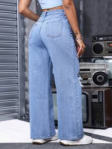 Women's Casual Ripped Straight Leg Denim Jeans With Graphic Print Long Design And Non-Stretch Fabric For Everyday Style - Blue - View 2