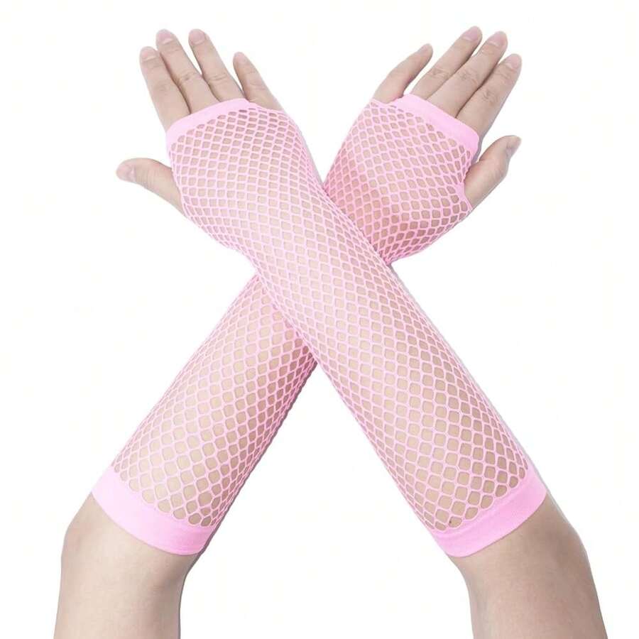 Fishnet Fingerless Gloves Mesh Arm Sleeves Fish Net Arm Sleeves EMO Gloves For Women In Theme Party Scene Accessories{"Size_name":"Long","Color_name":"#11-Pink(Long)"} - Multicolor23 - View 1