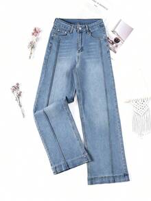 Vaqueros casuales de mezclilla de lavado claro con pierna ancha para mujer, largos, de tela muy elástica, estilo moderno - Azul - Ver 1